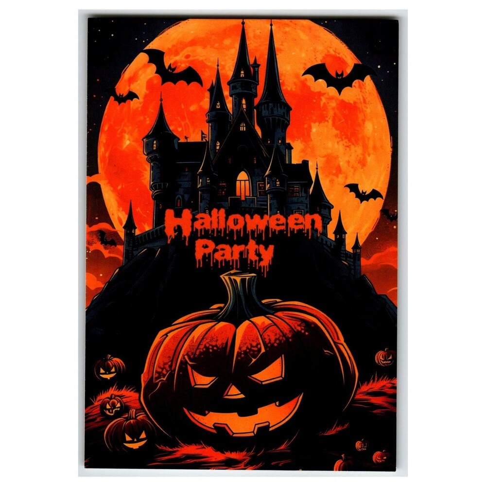 Spooky Halloween Party Castle Jack-O-Lantern Bats Postcard
